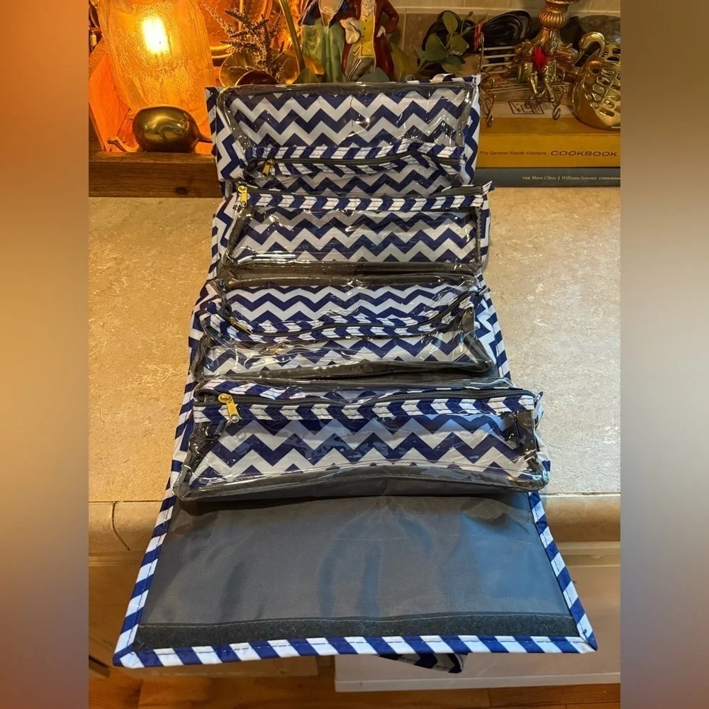 Chevron Pattern Cosmetic Bag with removable pouches.
